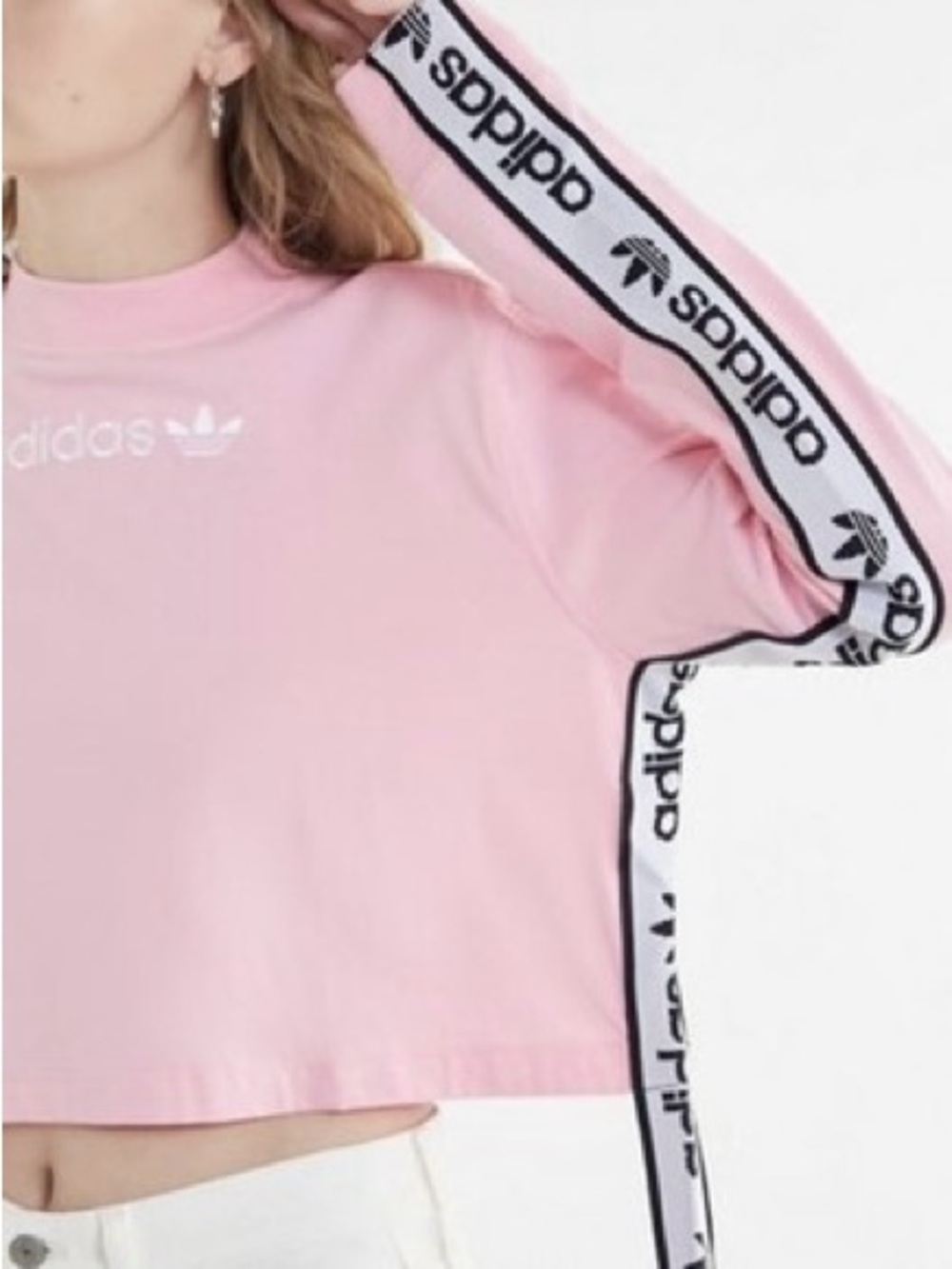 💗Adidas Women's Pink Tape Long Sleeve Cropped Sweatshirt Top Size XS